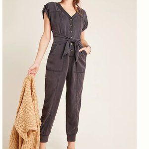 Anthropologie Gray Jumpsuit with Tie Waist and V-Neck